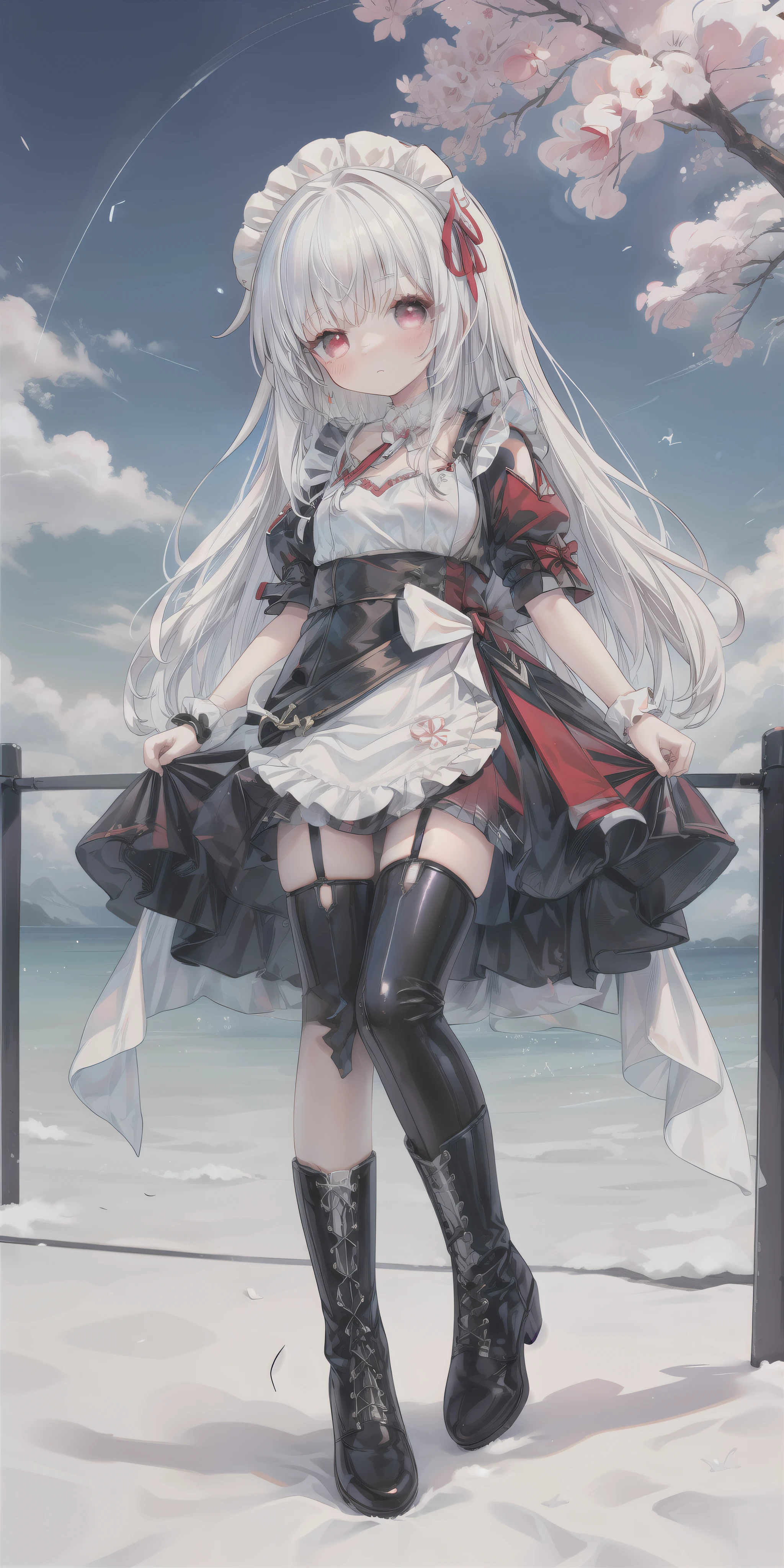 (masterpiece), best quality, 1 Girl, Solitary, Clara, Honkai_Star_rail, white hair, outdoor, whole body, barefoot, White long hair，Red eyes，Maid costume，White lace-up boots（1.2）