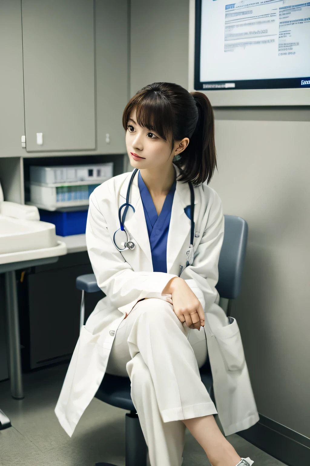 (masterpiece、high resolution、high quality),Crossing your legs,,Cute Face,Beautiful Face,Cool face,Medium Hair,hospital,Mysterious,Examination room,patient、 Very elegant and beautiful,Realistic,Japan,Female doctor、White coat、Psychosomatic physician、Perfect Anatomy、Beautiful limbs、