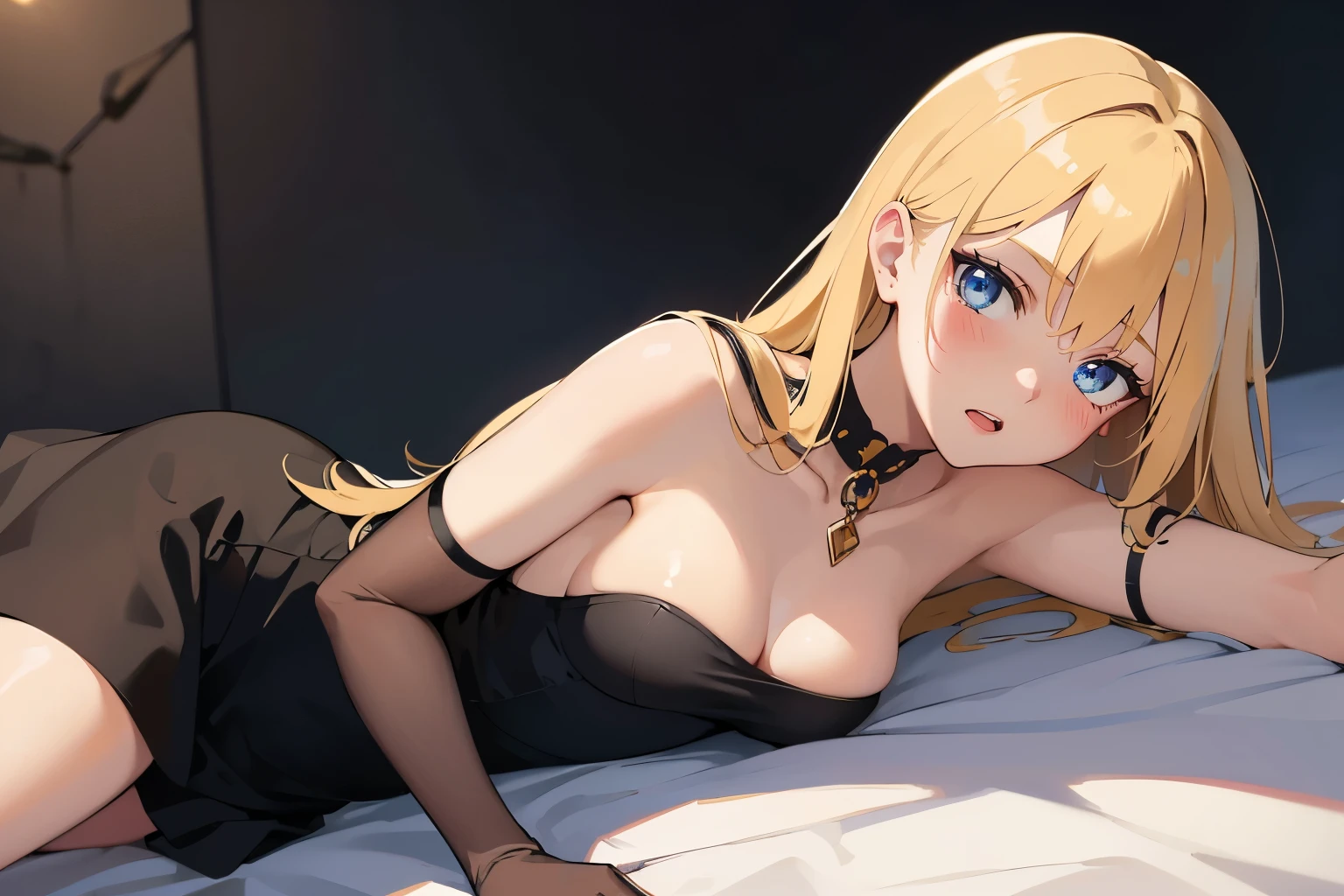 Safe for work, masterpiece, best quality, solo, 1 girl, facing forward, looking at camera, (young female body:1.4), ( medium small breasts), golden yellow hair, extra long hair, blunt bangs, crystal blue eyes, very detailed eyes, luxourius bedrrom background, on bed, arched back, strapless dress, long black gown, black dress, aehego, Lying on stomach, collar, elbows on bed, leaning forward, spreading legs