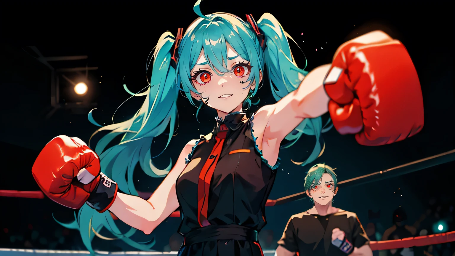 (masterpiece, best quality, very detailed, best shadow), 1girl, solo, miku hatsune, ahoge, aqua eyes, aqua hair, crossed bangs, hair between eyes, hair ornament, headphones, long hair, twintails, (Punch your fist at the camera:1.4)