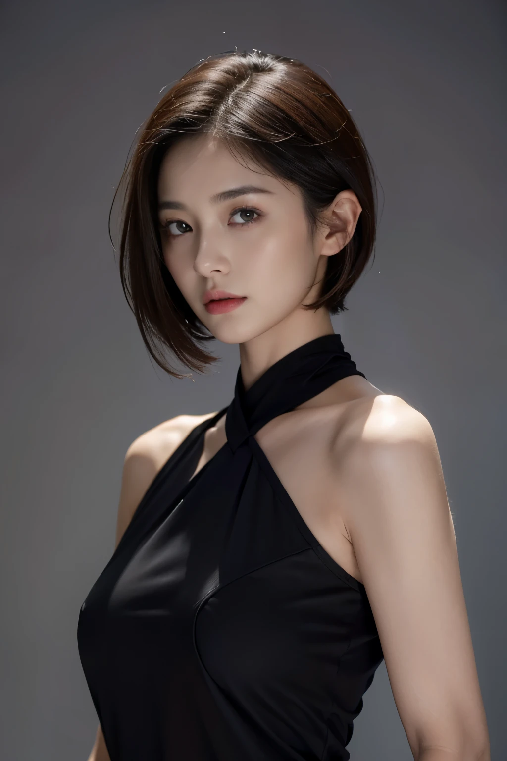 Tight black top:1.2, looking at the audience, light, perfect, soft light, High resolution skin:1.2, Realistic skin texture, 30 years old adult、small face、No makeup、, Off the shoulders,Bust B cup、 Naked trench, red eyes, short hair, dark brown hair,gray background、