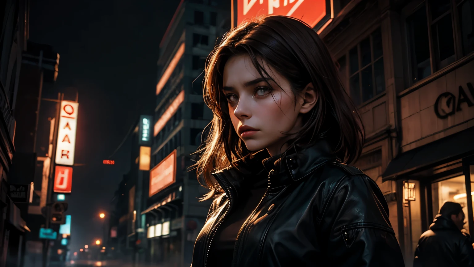 A beautiful woman with an anxious expression on her face in a dimly lit city filled with fog. It is not popular in the town, and there are billboards with strange characters. Eerie atmosphere. The woman is twenty years old. Dark brown hair.