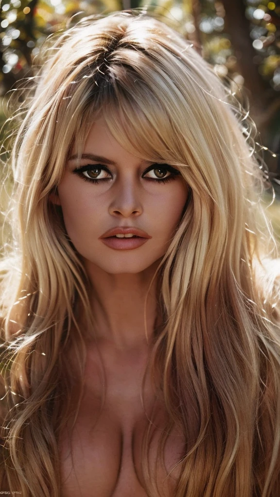 Detailed Photo of a nude bbardot woman with dark eye makeup, detailed face, Beautiful, Perfect Eyes, (highly detailed skin:1.1), perfect body, Professional Photography, Soft Lighting, Photorealistic, Realistic, ((Fog:1.2)), ((in a Forest background)), blurred background, volumetric fog, God Rays, Bokeh, RAW, analog style, sharp focus, 8k, high res, DSLR, high quality, Fujifilm XT3, film grain, award winning, stunning