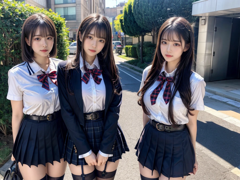 (8K, Raw photography, top-quality, masterpiece:1.2), master piece, best quality, illustration, Super detailed, fine details, High resolution, 8K,wall paper, perfect dynamic composition,(Details High quality, realistic depiction of eyes:1.3), ((2 girls, 2 schoolgirls)), The background is a luxury hotel room、High school girl uniform、blazer 、Super Short Check Uniform Skirt、Navy blue high socks、garterbelts、Colossal tits、Disturbed uniform, Play with each other,Touching each other's bodies,Touching the body of the girl next door, short bob hair, black hair color, huge breasts, Big Natural Color Lip, bold sexy pose, (perfect body shape), crying a little、cold gaze, Beautiful makeup,glitter makeup,Cutest 18 years old, beautiful legs, hposing Gravure Idol, Voluptuous thighs