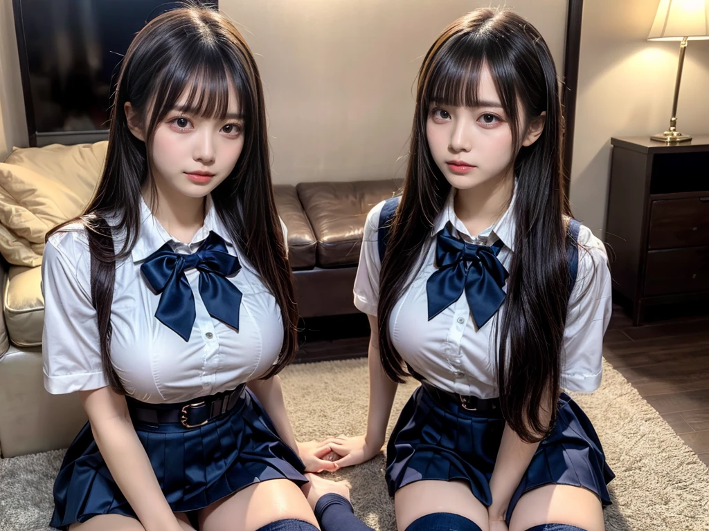 (8K, Raw photography, top-quality, masterpiece:1.2), master piece, best quality, illustration, Super detailed, fine details, High resolution, 8K,wall paper, perfect dynamic composition,(Details High quality, realistic depiction of eyes:1.3), ((2 girls, 2 schoolgirls)), The background is a luxury hotel room、High school girl uniform、blazer 、Super Short Check Uniform Skirt、Navy blue high socks、garterbelts、Colossal tits、Disturbed uniform, Play with each other,Touching each other's bodies,Touching the body of the girl next door, short bob hair, black hair color, huge breasts, Big Natural Color Lip, bold sexy pose, (perfect body shape), crying a little、cold gaze, Beautiful makeup,glitter makeup,Cutest 18 years old, beautiful legs, hposing Gravure Idol, Voluptuous thighs