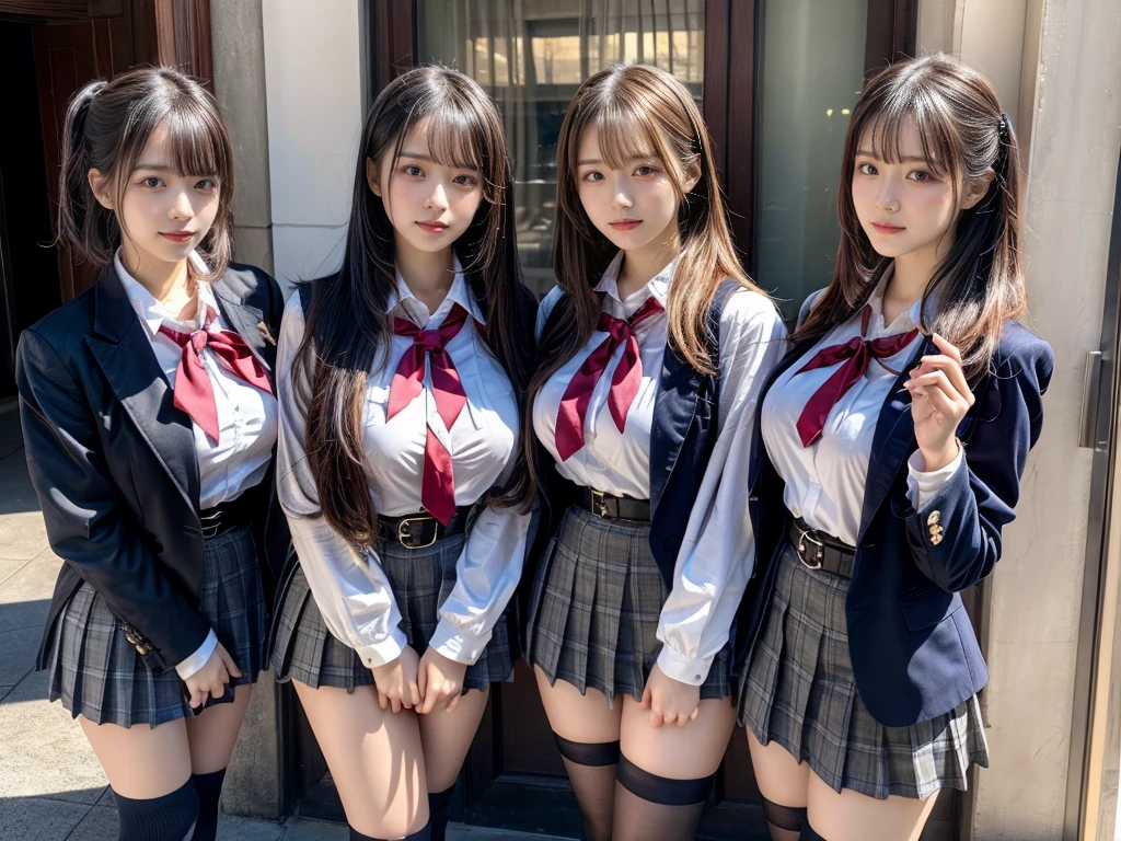 (8K, Raw photography, top-quality, masterpiece:1.2), master piece, best quality, illustration, Super detailed, fine details, High resolution, 8K,wall paper, perfect dynamic composition,(Details High quality, realistic depiction of eyes:1.3), ((2 girls, 2 schoolgirls)), The background is a luxury hotel room、High school girl uniform、blazer 、Super Short Check Uniform Skirt、Navy blue high socks、garterbelts、Colossal tits、Disturbed uniform, Play with each other,Touching each other's bodies,Touching the body of the girl next door, short bob hair, black hair color, huge breasts, Big Natural Color Lip, bold sexy pose, (perfect body shape), crying a little、cold gaze, Beautiful makeup,glitter makeup,Cutest 18 years old, beautiful legs, hposing Gravure Idol, Voluptuous thighs