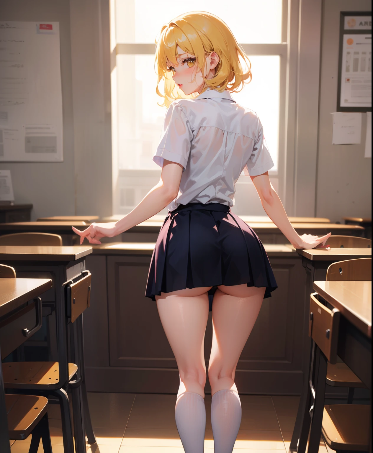 Dynamic posing, dynamic angle, Arrange pose,Top quality work,Show Legs,((short wavy Creamy Golden Blonde hair)),(Creamy Blonde hair),(short hair),(wavy hair),(golden eyes), ( ), lovely red lips, Rose cheeks, Pretty Face, A perfectly proportioned face, school shirt with red bow and black skirt, (school uniform), white stockings,in classroom,full-body view, amazing, Large round chest、Beautiful eye details、Beautiful eyelashes、beautiful double eyelid, with blush cheeks, talking to viewer, anime vtuber full body model, casual real life,ass grab from behind