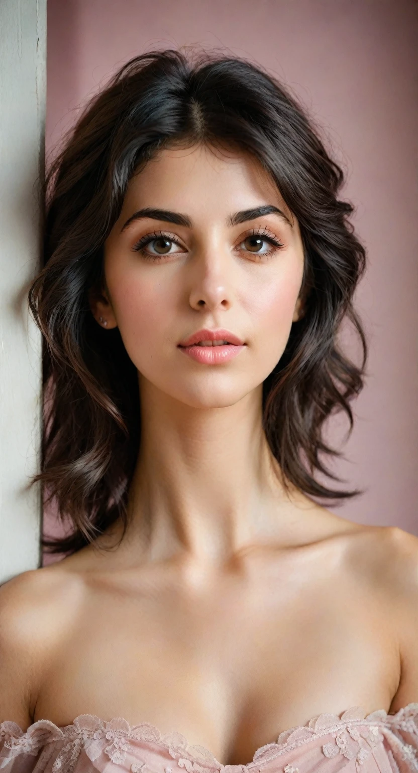 back view, (flat chest), dent in the skin, (NSFW, Rankin 12 years), Fashionable Fashionable Beautiful Beautiful Girl, Tender attractive 15 y.o georgian singer katie melua красивая девушка, NSFW, Rankin 14 years, delicate and sexy collarbone, Attractive oval face, perfect eyelids, smart peach colored eyes, Pink lips, small nose, bare shoulders, focus on the face, body in general plan, ultra high resolution, ultra clarity, full length photo, Ultra-fine light transmission, cute and playful upper body, look through