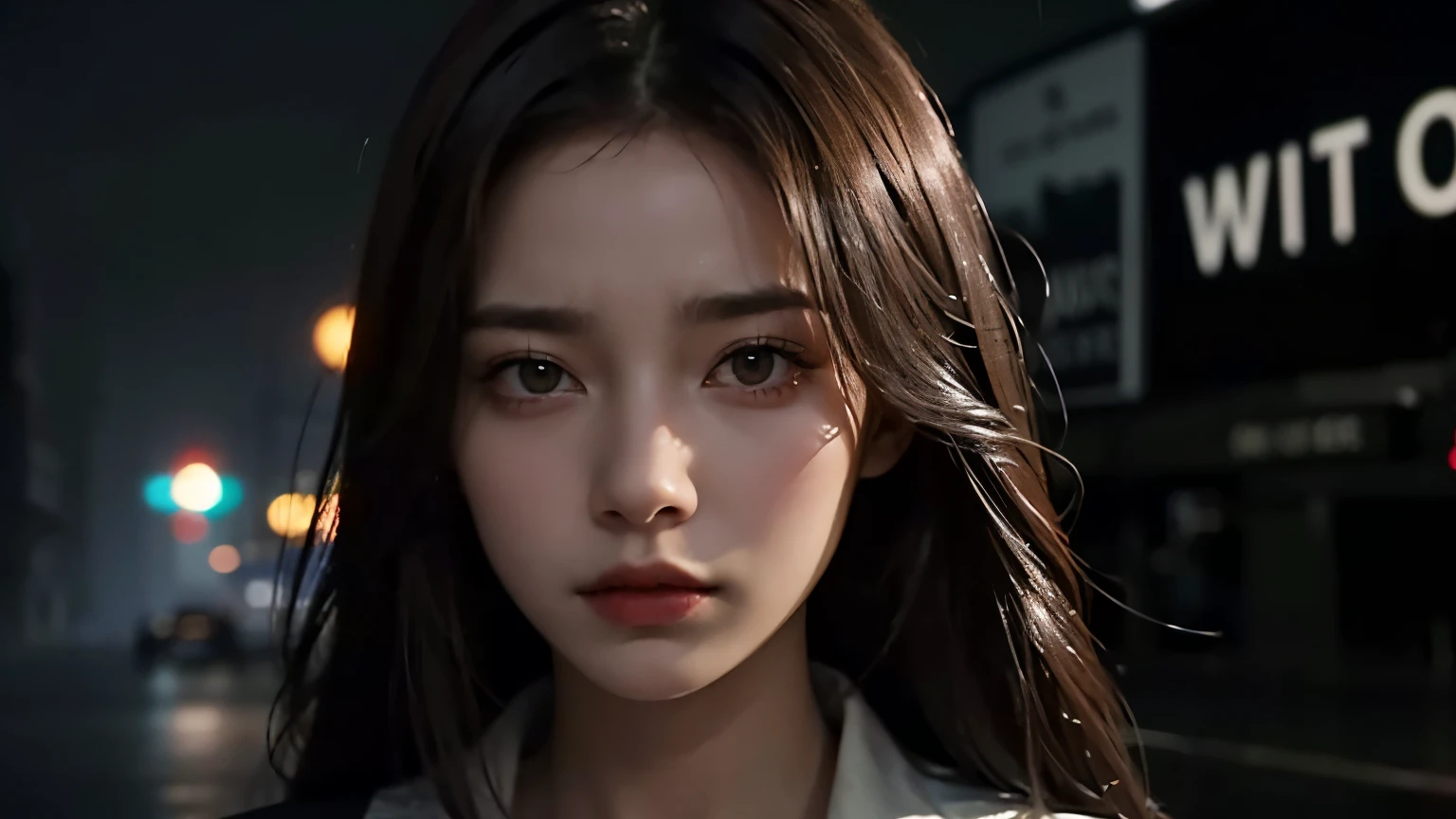 A beautiful woman with an anxious expression on her face in a dimly lit city filled with fog. It is not popular in the town, and there are billboards with strange characters. Eerie atmosphere. The woman is twenty years old. Dark brown hair.