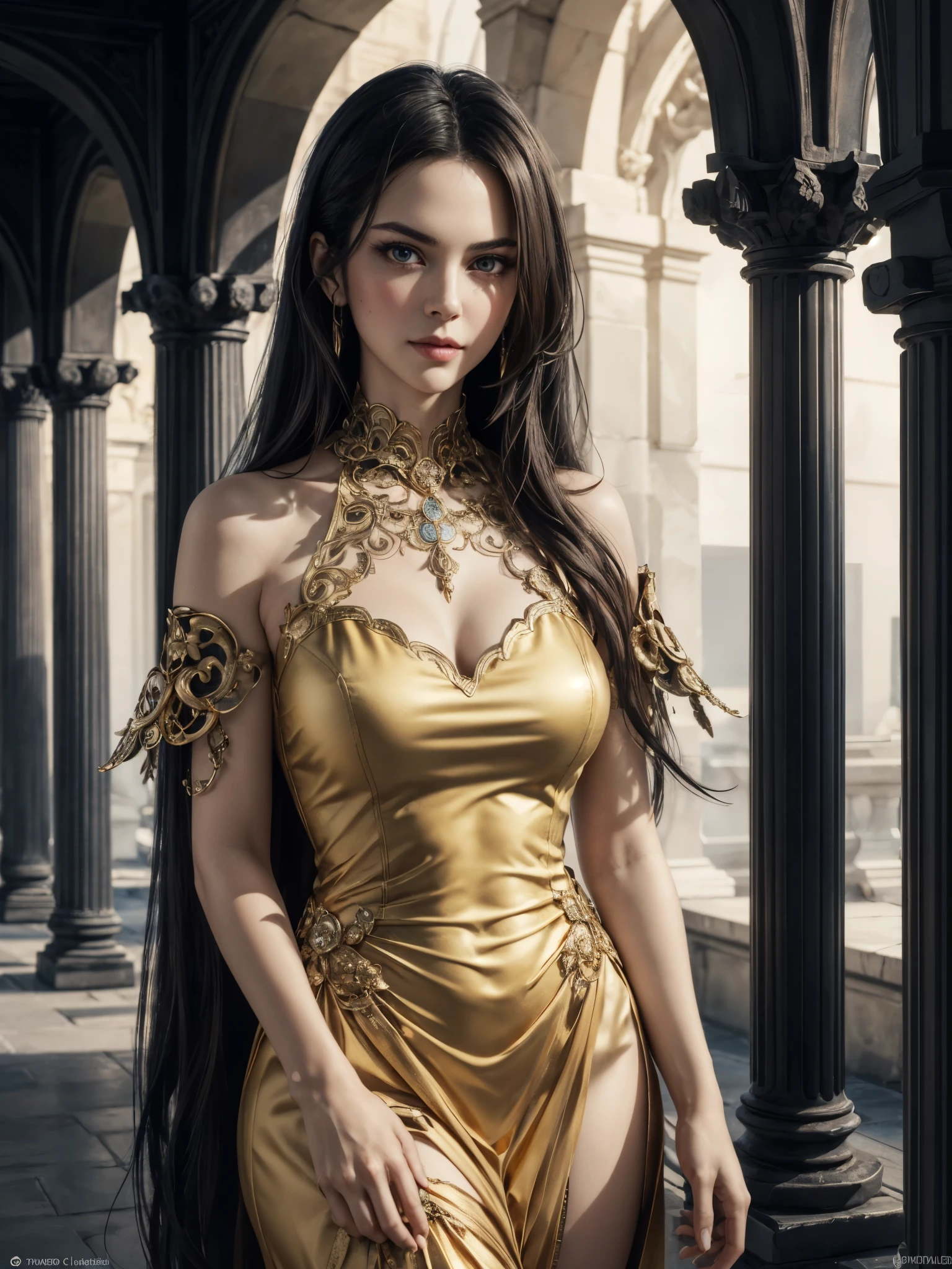 1girl, glowing pillars, dramatic cinematic lighting, detailed face, looking at viewer, (masterpiece, highest quality, software:1.4), (hyper-realistic, realistic:1.3), detailed hair, (exaggerated ornamental ornate shoulder pad:1.2), sparkling eyes, cleavage, (sophisticated golden dress design:1.4), arabs, very long straight black hair, (thick eyebrows:0.8), huge breasts, (warm skin undertone), black eyes, wide eyes, middle parted hair, v-shaped eyebrows, (v-shaped eyes, tsurime),