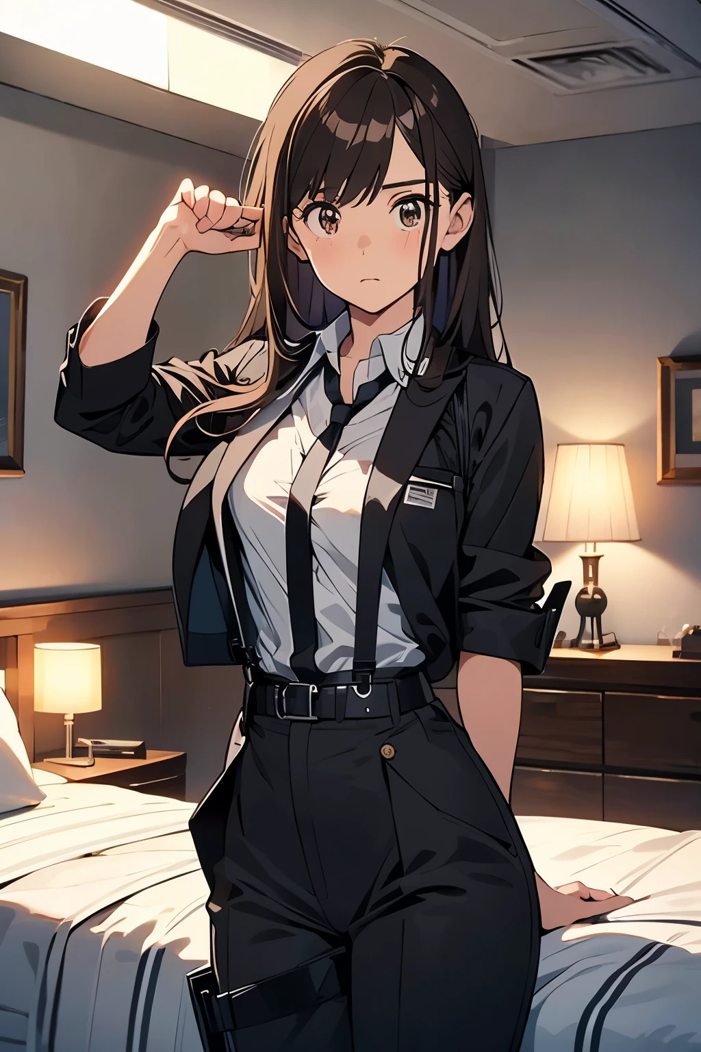Brown Hair、Staring at the audience Black suspenders bulging big breasts wall: Black pantsuit sight Small face holster Beautiful woman Show your hand Lying in bed sight Taunt side side汗 arm Dress shirt Black Suit belt