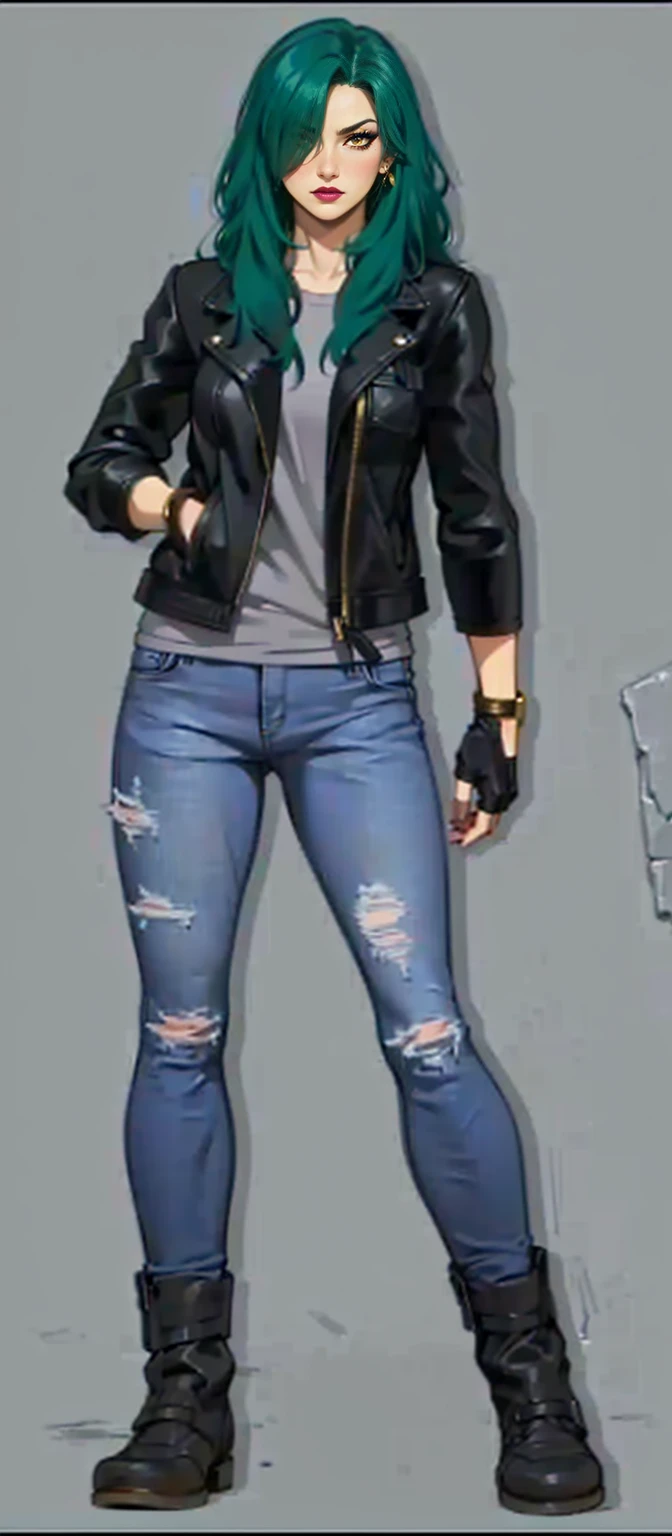 ((1girl, solo ,alone, long hair, green hair, yellow eyes, hair covering one eye, woman, (one hand on her hip) , dynamic pose, muscular female, gold bracelets, ruby earrings)), fitness, ((solo, (1woman, pink lipstick), Extremely detailed, ambient soft lighting, 4k, perfect eyes, a perfect face, perfect lighting, a 1girl)), ((fitness, , shapely body, athletic body, toned body)), ((leather jacket, gray shirt, jeans, black boots, hand in pocket, gold jewelry ))