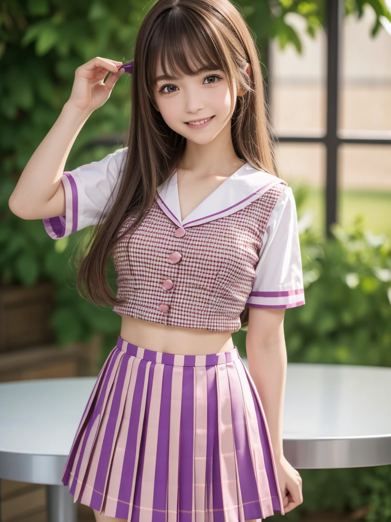 (highest quality, 4k, 8K, High resolution, Tabletop:1.2), Super detailed, Realistic:1.37, Light brown hair, Semi-long hair, Asymmetrical bangs, high school girl, Sailor suit, Purple and pink checkered micro mini pleated skirt, Super super slender body, Shy and cute face, A very happy smile