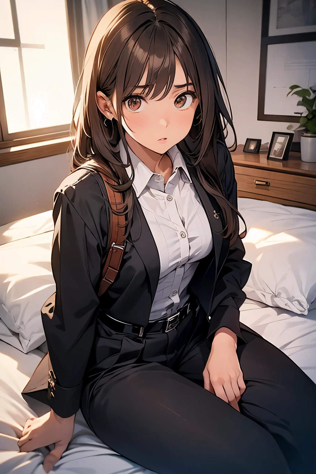 Brown Hair、Staring at the audience Black suspenders bulging big breasts wall: Black pantsuit sight Small face holster Beautiful woman Show your hand Lying in bed sight Taunt side side汗 arm Dress shirt Black Suit belt