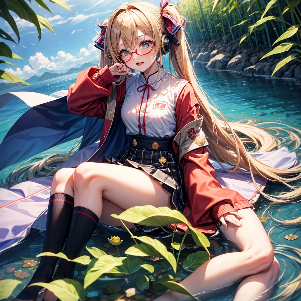 Pink Blue Gold Golden Hair、Golden Eyes、One good looking girl、Twin tails、solo、anime、Checkered mini skirt、The skirt has buttons、Red T-shirt、China、Cape、Black knee-high socks、Wearing headphones、Wearing a ribbon、Ribbon on waist、Tilting face、Teeth are visible、Sunset sky、Water Mountain、Piercing the clouds、Contrail、Tinted Glasses、tree、Touching your face、lotus leaves、canal、Cumulonimbus、bamboo forest、Lying down