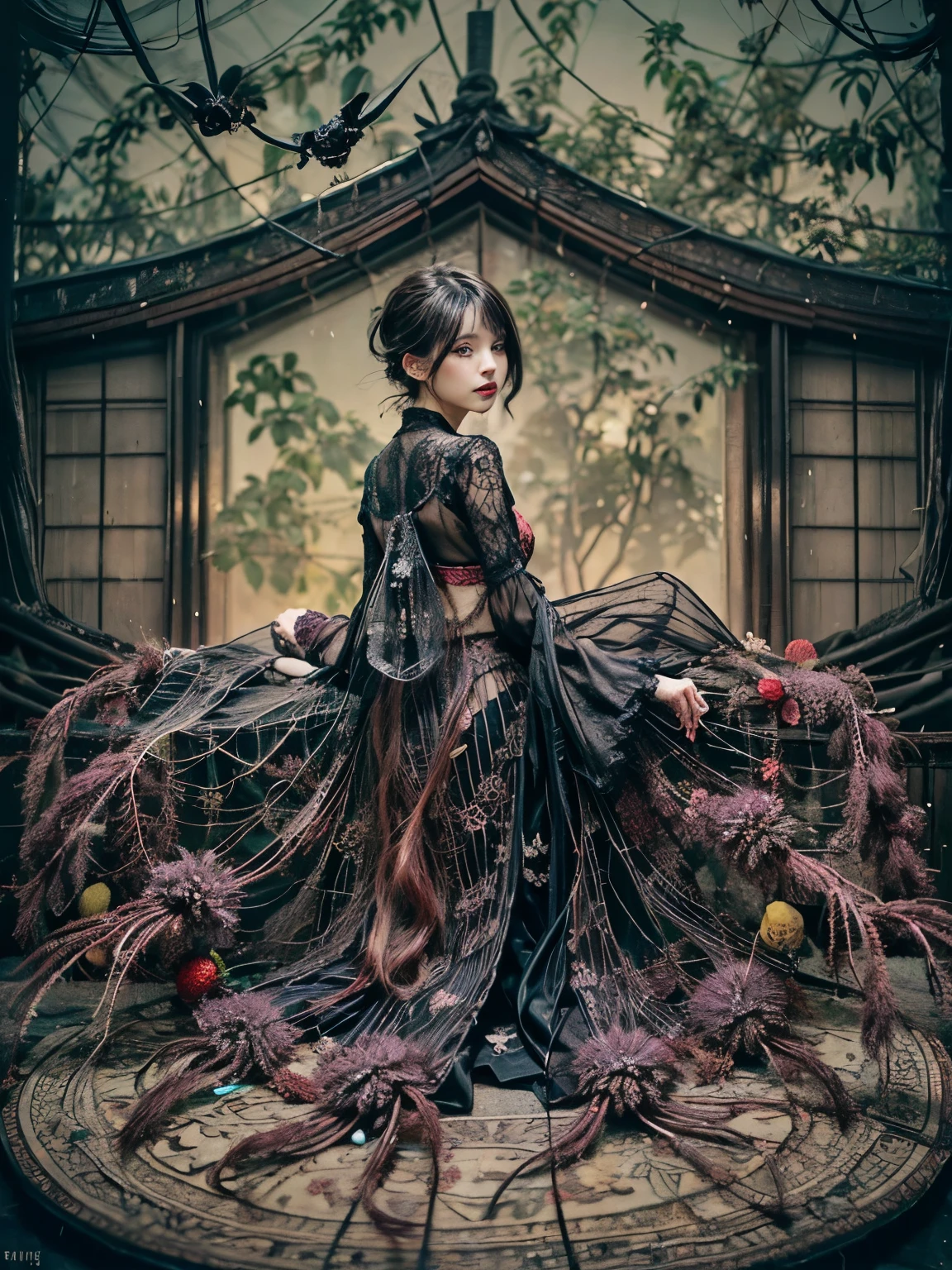 Beautiful girl fused with a spider. Girl in Japanese style gothic dress. ((Female Solo. 1.1)) . hiquality. Dark fantasy style illustration. she has short hair. ratex. Shining eyes. Spider legs extending from behind her. tarantula. Embroidery with a spider web pattern. Spider web tattoo. monstergirl. Dark indoor. Wooden house.