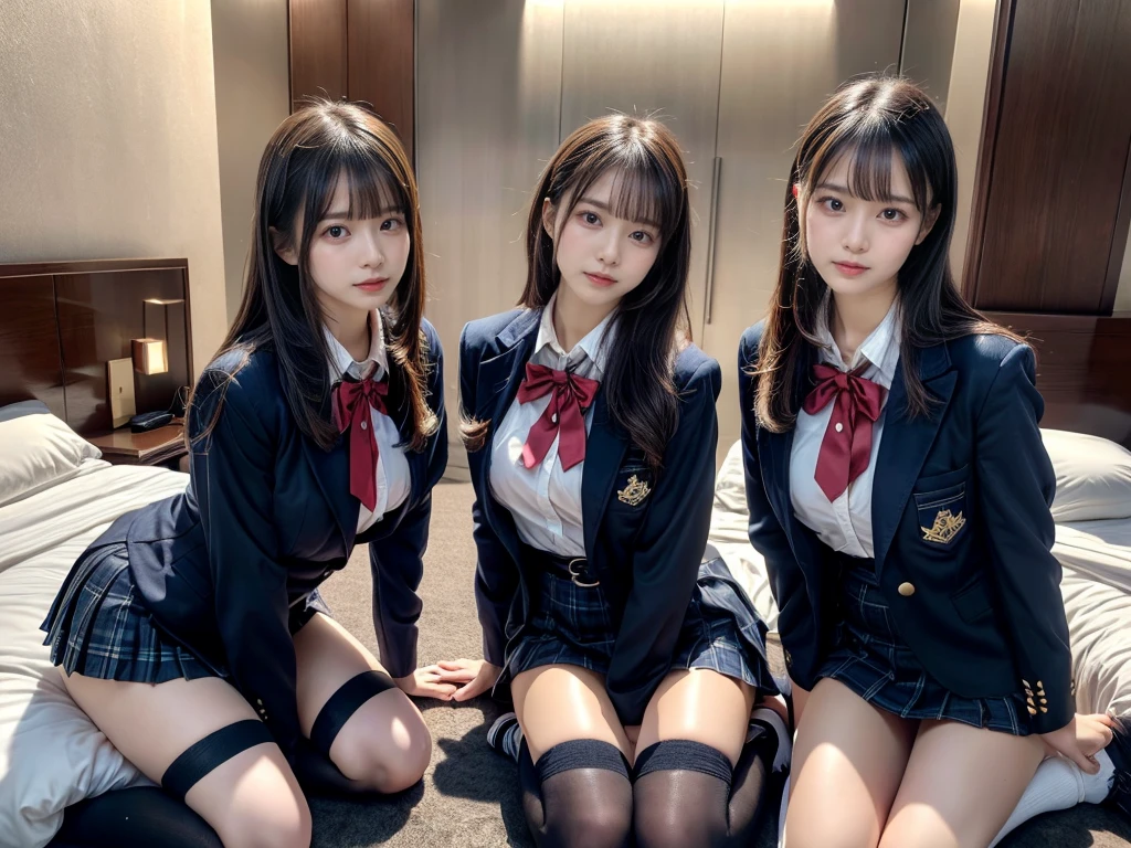 (8K, Raw photography, top-quality, masterpiece:1.2), master piece, best quality, illustration, Super detailed, fine details, High resolution, 8K,wall paper, perfect dynamic composition,(Details High quality, realistic depiction of eyes:1.3), ((2 girls, 2 schoolgirls)), The background is a luxury hotel room、High school girl uniform、blazer 、Super Short Check Uniform Skirt、Navy blue high socks、garterbelts、Colossal tits、Disturbed uniform, Play with each other,Touching each other's bodies,Touching the body of the girl next door, short bob hair, black hair color, huge breasts, Big Natural Color Lip, bold sexy pose, (perfect body shape), crying a little、cold gaze, Beautiful makeup,glitter makeup,Cutest 18 years old, beautiful legs, hposing Gravure Idol, Voluptuous thighs