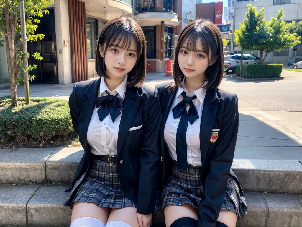 (8K, Raw photography, top-quality, ​masterpiece:1.2), master piece, best quality, illustration, Super detailed, fine details, High resolution, 8K,wall paper, perfect dynamic composition,(Details High quality, realistic depiction of eyes:1.3), ((2 girls, 2 schoolgirls)), The background is a luxury hotel room、High school girl uniform、blazer 、Super Short Check Uniform Skirt、Navy blue high socks、garterbelts、Colossal tits、Disturbed uniform, Play with each other,Touching each other's bodies,Touching the body of the girl next door, short bob hair, black hair color, huge breasts, Big Natural Color Lip, bold sexy pose, (perfect body shape), crying a little、cold gaze,  Beautiful makeup,glitter makeup,Cutest 18 years old, beautiful legs, hposing Gravure Idol, Voluptuous thighs