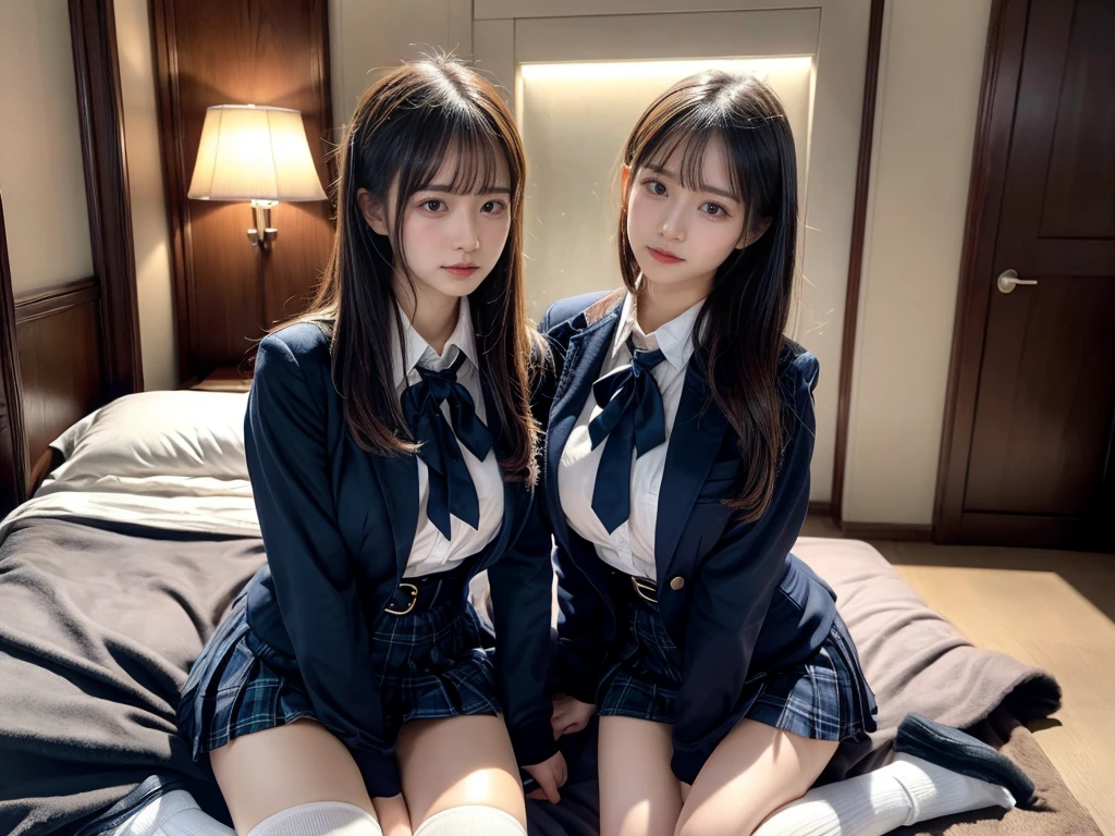 (8K, Raw photography, top-quality, masterpiece:1.2), master piece, best quality, illustration, Super detailed, fine details, High resolution, 8K,wall paper, perfect dynamic composition,(Details High quality, realistic depiction of eyes:1.3), ((2 girls, 2 schoolgirls)), The background is a luxury hotel room、High school girl uniform、blazer 、Super Short Check Uniform Skirt、Navy blue high socks、garterbelts、Colossal tits、Disturbed uniform, Play with each other,Touching each other's bodies,Touching the body of the girl next door, short bob hair, black hair color, huge breasts, Big Natural Color Lip, bold sexy pose, (perfect body shape), crying a little、cold gaze, Beautiful makeup,glitter makeup,Cutest 18 years old, beautiful legs, hposing Gravure Idol, Voluptuous thighs