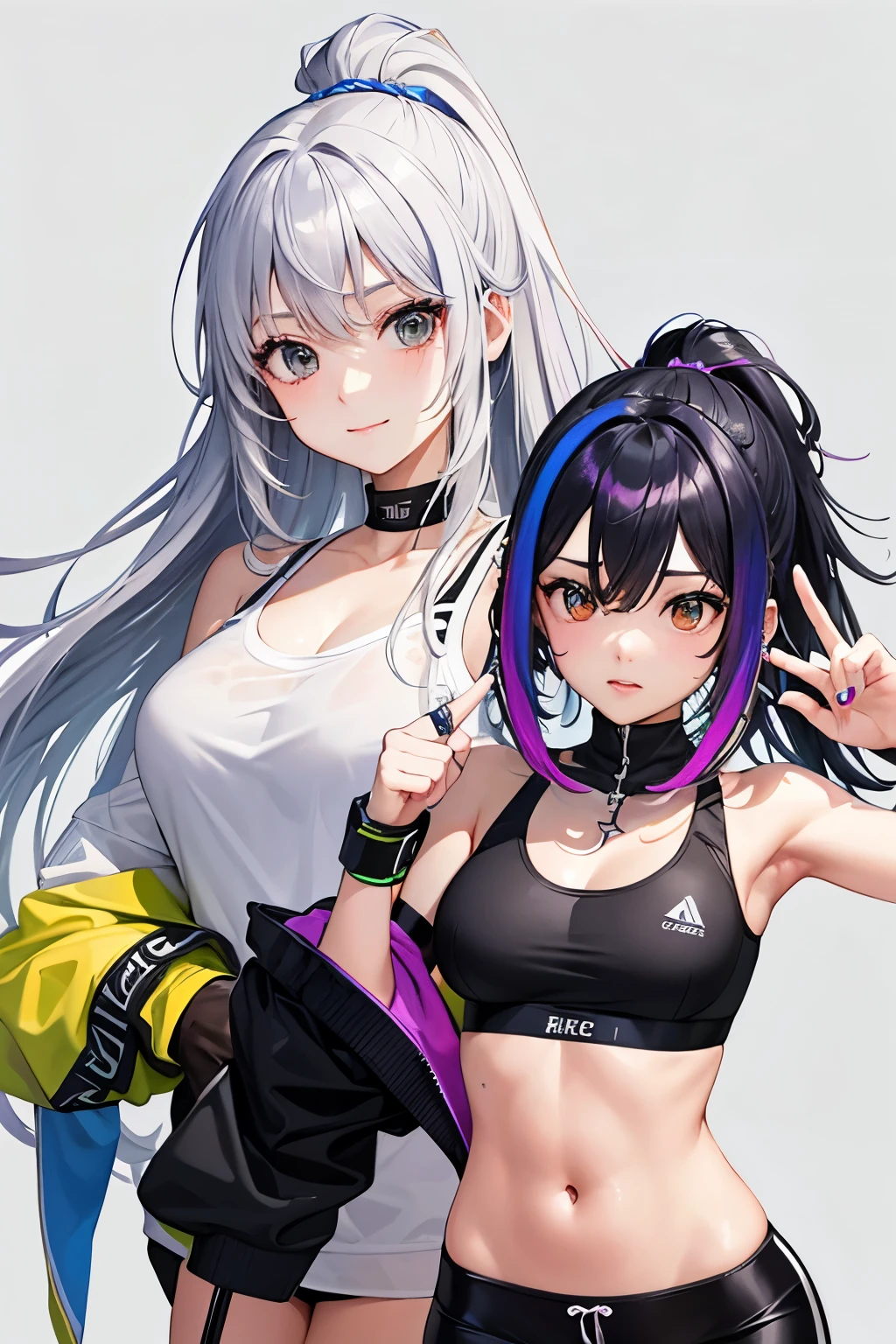 （（（highest quality、first-clasasterpiece、Normal body、8k、Detailed face、Ultra-precision、Normal hand、Normal finger、５Finger、）））Brightly colored hair、Rainbow black silver hair、Sports Bra、hot pants