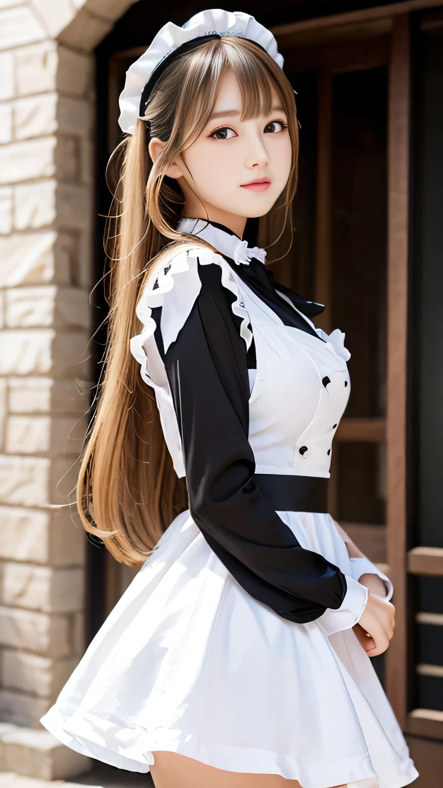 Sexy Big 、A cute 15-year-old girl with a sexy and cute look, beautiful and sexy face、A strong wind blows my hair in front of my face、With straight blonde hair、beautiful, Cute and sexy eyes hidden behind long bangs、Sexy maid outfit