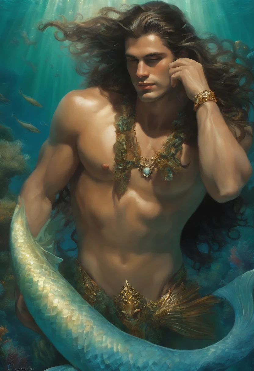 a male merman smiling, ((male merman)) full body naked, with various positions, ((various positions)), ((sexy male torso and big, perfect mermaid tail, wonderful and colorful)), ((Painting of a Merman with long, black, curly hair)), ((wide chest)), ((A coral reef at the bottom, fish and dolphins)) ((merman male)), God of the Ocean, God of the Sea, God of Sea, God of the Ocean, Lúthien, art of the god, God of Greek mythology, God of the Moon, God of love and peace, (( ((Beautiful, hot, sensual, seductive God)), A stunning portrait portrait of a god , ((warm and vivid colors)), ((vibrant colors)), Frank Kelly Freas, styled by Karol Bak, ((beautiful face)), Extremely Detailed, 32k, Ultra definition best quality, vibrant and vibrant colors, sensual, enchanted, Perfect face in high definition, ((beautiful merman, sensual merman, handsome merman