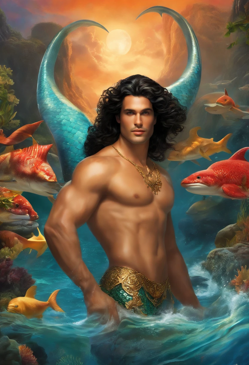 a male merman smiling, ((male merman)) full body naked, with various positions, ((various positions)), ((sexy male torso and big, perfect mermaid tail, wonderful and colorful)), ((Painting of a Merman with long, black, curly hair)), ((wide chest)), ((A coral reef at the bottom, fish and dolphins)) ((merman male)), God of the Ocean, God of the Sea, God of Sea, God of the Ocean, Lúthien, art of the god, God of Greek mythology, God of the Moon, God of love and peace, (( ((Beautiful, hot, sensual, seductive God)), A stunning portrait portrait of a god , ((warm and vivid colors)), ((vibrant colors)), Frank Kelly Freas, styled by Karol Bak, ((beautiful face)), Extremely Detailed, 32k, Ultra definition best quality, vibrant and vibrant colors, sensual, enchanted, Perfect face in high definition, ((beautiful merman, sensual merman, handsome merman