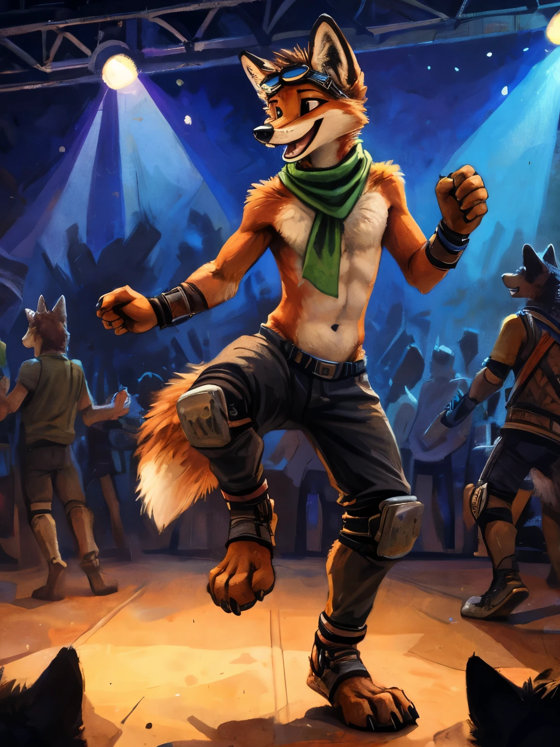 teen Furry, furry, teenager, red fox, spiked brown hair only on head, collar, brown eyes, goggles, black pants, green scarf, elbow pads, knee pads, masterpiece, No muscles, Detailed hands, detailed face, detailed eyes, detailed body, Flat body, Skinny, claws, high resolution, metal cuffs on wrists, metal cuffs on ankles, no shirt, no underwear, crowded nightclub, dancing, laughing, art by kenket