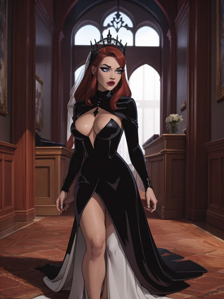 32:32
Wedding day, dark Church of black flowers, bride red hair, heavy makeup, eyelashes, red lipstick, crystal blue eyes, high detail black wedding dress, sexy breasts, standing fool body, black roses in hand, waiting for the groom , high details wedding dress, Ultra-detailed bride dress, luxury wedding dress with darkvtone and bloody flower texture, 4k