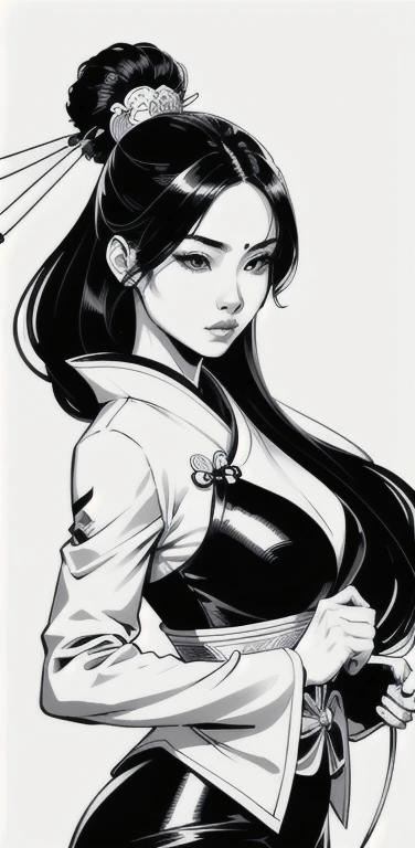 (comic style), (line drawings:1,5), (ung woman:1,3), ((black and white)), Hanfu, geisha, ((Zen)), (masterpiece, top quality, best quality), extremely detailed background, good composition, good anatomy, perfect lighting, good shading, zen calligraphy, (realistic:1,3),