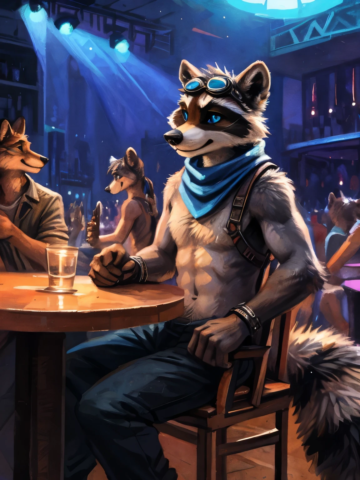 teen furry, furry, teenager, raccoon, grey body, long brown spiked_ponytail, Detailed body fur, long blue scarf, leather_harness, black baggy pants, goggles, masterpiece, gray body, Detailed face, big eyebrows, blue eyes, detailed eyes, No muscles, Detailed hands, Flat body, Skinny, Detailed paws, metal cuffs on wrists, metal cuffs on ankles, no shirt, no underwear, crowded nightclub, sitting, art by kenket
