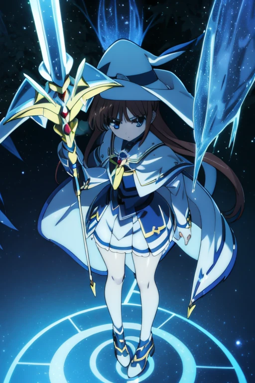nanoha、uniform、skirt、Long Hair、Cape、Witch Hat、Magic wand、in the forest、battle、Ice Magic、Light blue magic circle、Cast magic from the palm of your hand