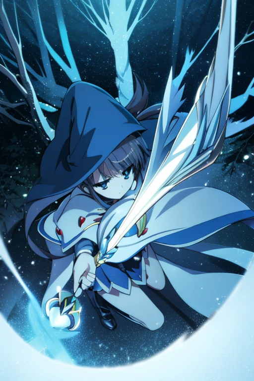 nanoha、uniform、skirt、Long Hair、Cape、Witch Hat、Magic wand、in the forest、battle、Ice Magic、Light blue magic circle、Cast magic from the palm of your hand