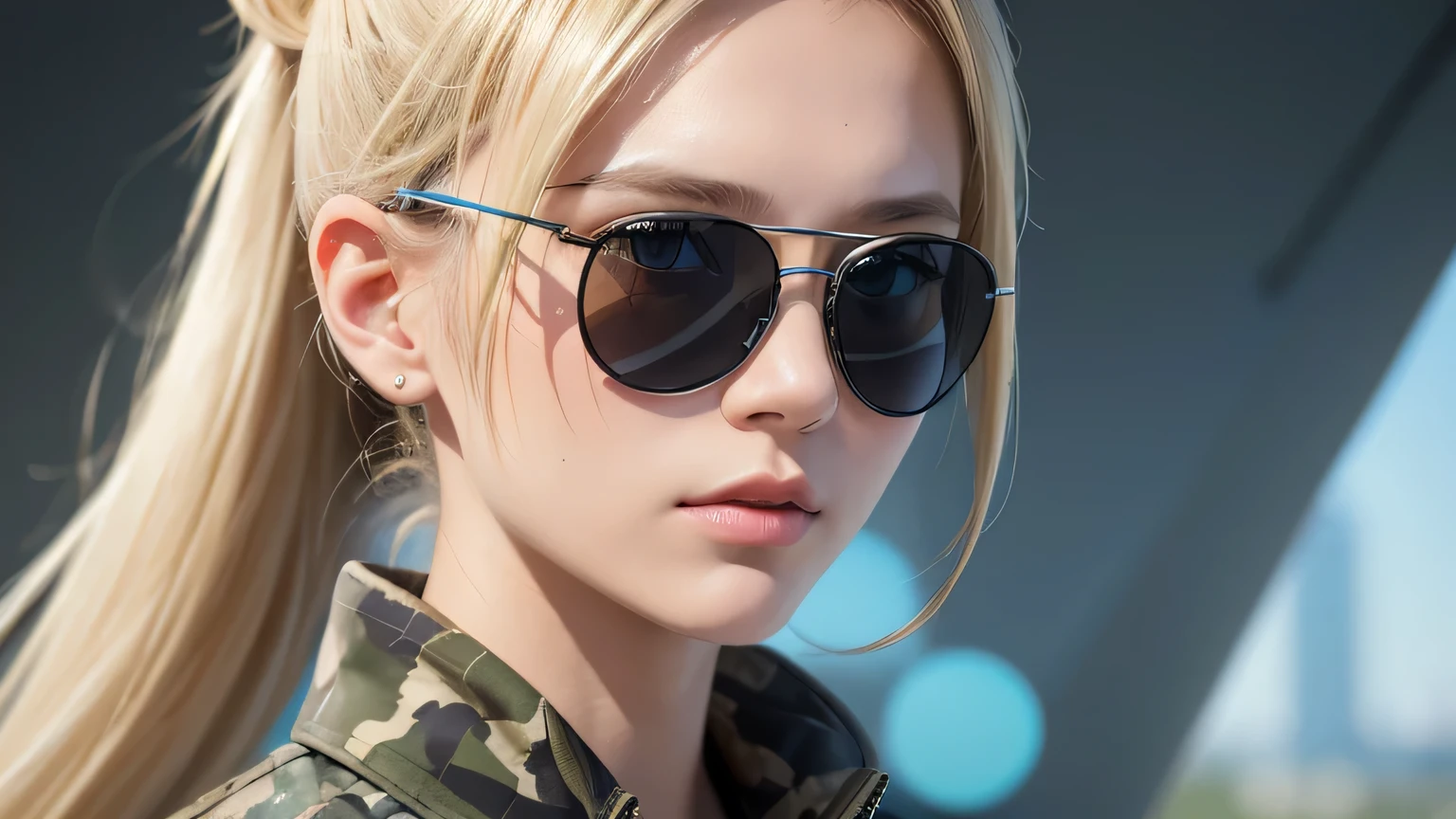 ((highest quality)),(ultra high resolution),(Super detailed),(detailed description),((best CG)),(best work of art),super precision art, sun glasses, blonde hair, ponytail. great drawing art,Art with precise details, 1 Female Soldier, (Camouflage clothing with light blue and white dot patterns), beautiful and well-shaped face, A look that hides a strong will, Destroyed urban area.