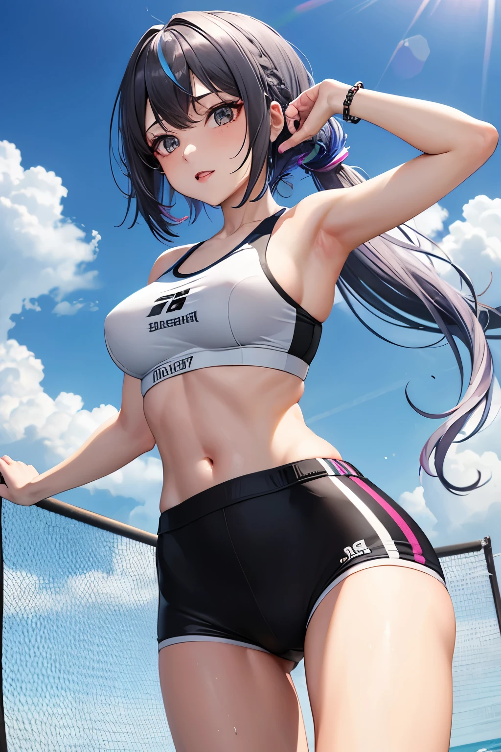 (((highest quality、first-clasasterpiece、Normal body、8k、Detailed face、Ultra-precision、Normal hand、Normal finger、5Finger、)))Brightly colored hair、Rainbow black silver hair、Sports Bra、hot pants、Long Jump、flowing