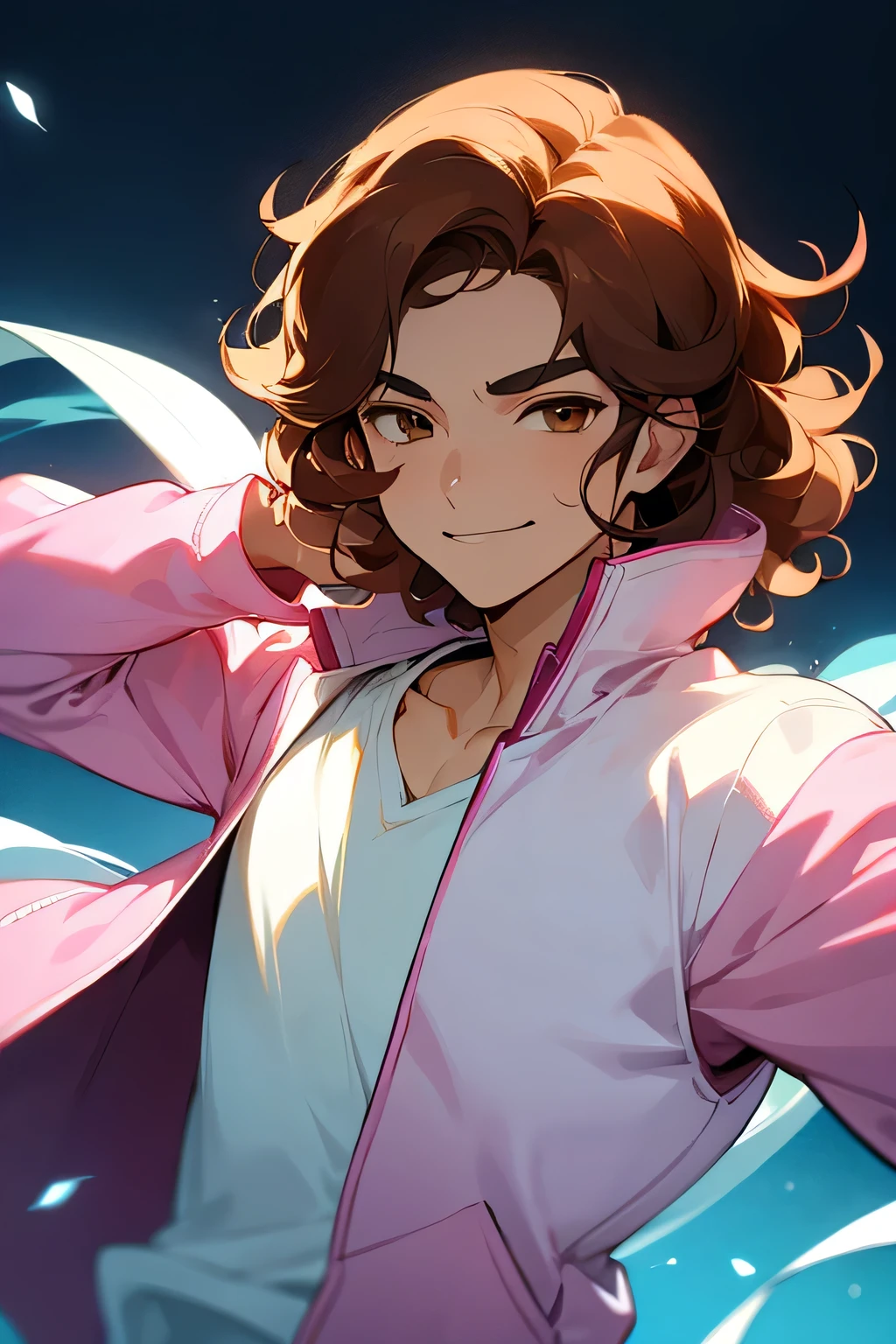 avatar,short wavy hair, white shirt,pink jacket, young male, brown eyes, night time, brown hair, smirk, golden crown