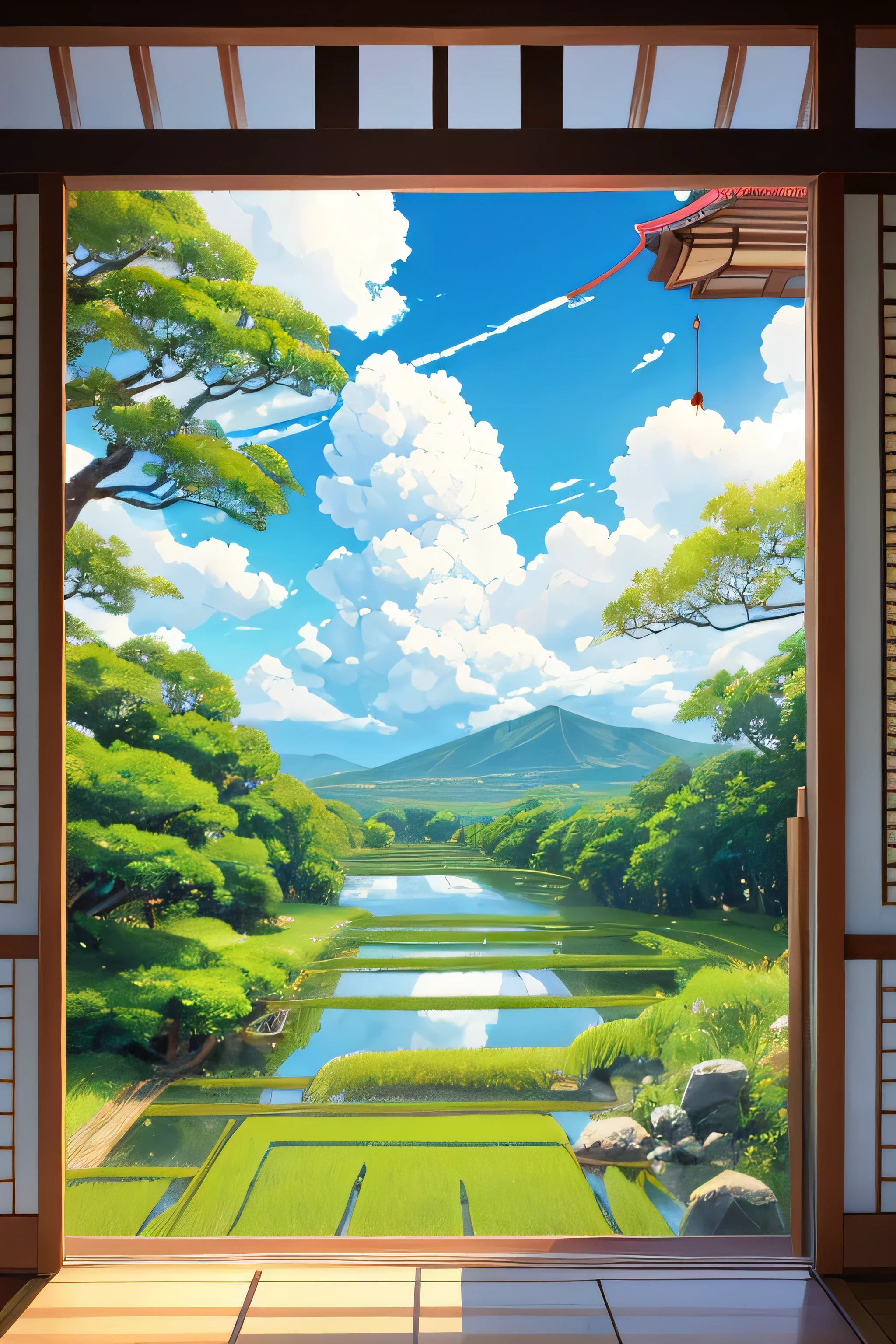 Nature scenery, Japan, Shoji screen, wind chimes, countryside, blue sky, White cloud, cumulonimbus, tatami, Japanese-style room, Paddy field, Cicada, summer, Summer vacation, nature,