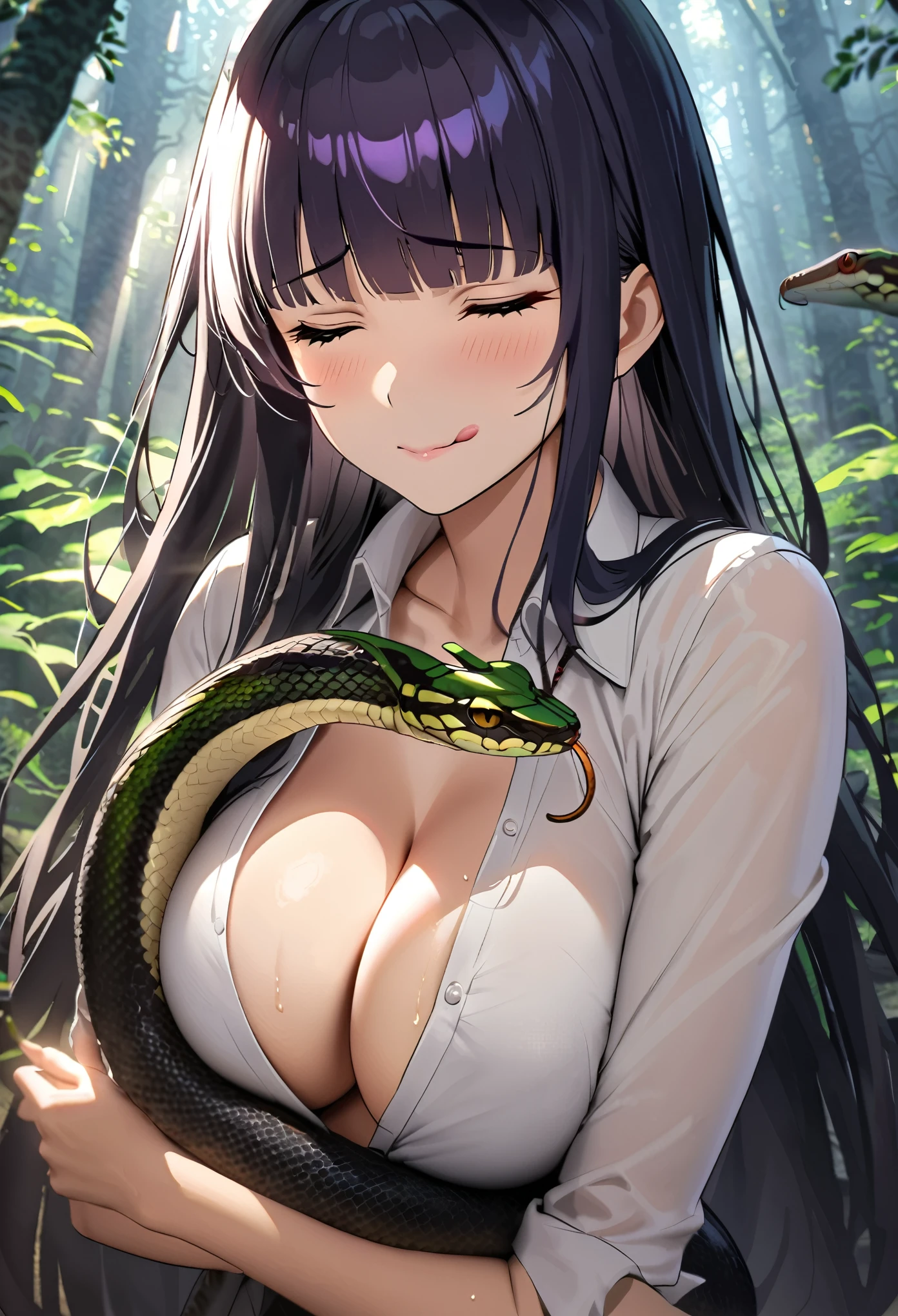 Fine and smooth long hair，Neat but loose bangs，Beauty and snakes，Forest Grasshopper，(Python clings to skin:1.08)，Upper Body，(Open shirt，Tie a button:0.8)，Licking his lips，Close your eyes，Hollywood special effects，masterpiece，European beauties under soft light effect，(Cleavage:0.9)，HD Wallpapers，Background blur，Cage background full of snakes，(Dense swarm of snakes:1.0)，Ray Tracing，Dark atmosphere