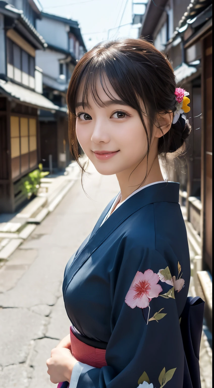 Professional Lighting,(Photorealistic:1.4), (Top image quality:1.0), (超A high resolution:1.0), 8k, Raw photography, (masterpiece:0.2), (Facing the children_v1:0.5)、(最高quality Detail:1.2)、Realistic、8K Ultra HD、High resolution、(1 girl:1.2)、超detailedな、High quality textures、複雑なdetailed、detailed、Very detailed CG、High quality shadows、detailed 美しく繊細な顔、Beautiful details and a delicate eye、(Symmetrical eyes:1.2),Written boundary depth、Ray Tracing,1 girl, Japanese Girls, (Natural smile:1.4),cute, thin, Portrait of a beautiful Japanese woman in a kimono, Standing elegantly on a street corner in Kyoto. Kimono with vibrant traditional patterns, Hair decorated with elegant and delicate hairpins, Gentle expression. (With the old streets of Kyoto in the background:1.4)、The soft light of a spring afternoon、Adding tranquility to the scene. Rendered in a Realistic style with great attention to detail, High resolutionの画像.Sky Porn, Magic Hour, (Realistic:1.3), finely, quality, (Tabletop:1.2), (Realistic:1.2), (最高quality), (複雑なdetailed), dramatic, Ray Tracing, photograph, +roller