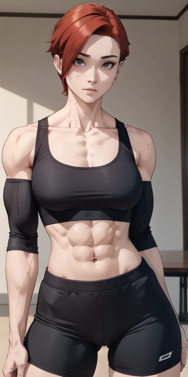 Boy, male body, adult, girl face, seductive face, seductive look, redhead, wolf cut hair, perfect body, fit body, thin waist, fulfilled sleeve shirt, muscular, small female chest, cycling shorts with pretuberance, pretuberance, sissy, femboy