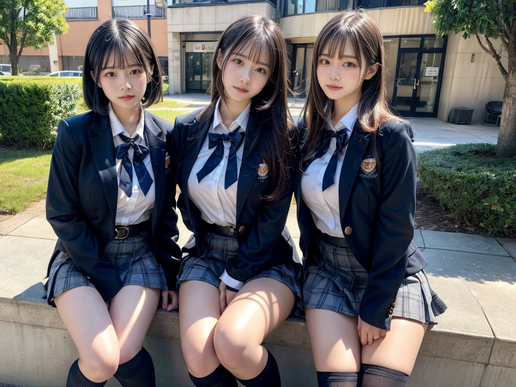 (8K, Raw photography, top-quality, masterpiece:1.2), master piece, best quality, illustration, Super detailed, fine details, High resolution, 8K,wall paper, perfect dynamic composition,(Details High quality, realistic depiction of eyes:1.3), ((2 girls, 2 schoolgirls)), The background is a luxury hotel room、High school girl uniform、blazer 、Super Short Check Uniform Skirt、Navy blue high socks、garterbelts、Colossal tits、Disturbed uniform, Play with each other,Touching each other's bodies,Touching the body of the girl next door, short bob hair, black hair color, huge breasts, Big Natural Color Lip, bold sexy pose, (perfect body shape), crying a little、cold gaze, Beautiful makeup,glitter makeup,Cutest 18 years old, beautiful legs, hposing Gravure Idol, Voluptuous thighs