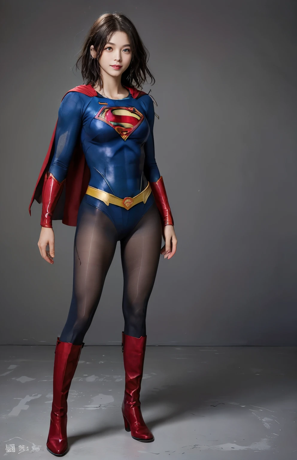 No background、(((Beautiful legs in black tights.)))、(((Legally express the beauty of your smile)))、((((Make the most of your original images)))、(((Body-hugging Supergirl costume)))、(((Supergirl Costume)))、(((Beautiful boyish short hair)))、(((She is winking cutely.)))、(((Please wear black tights....、Wear red boots)))、((Best image quality、8k))、((highest quality、8k、masterpiece:1.3))、(((Preserve background )))、Sharp focus:1.2、Beautiful woman with perfect figure:1.4、Slim Abs:1.2、Wet body:1.5、Highly detailed face and skin texture、8k