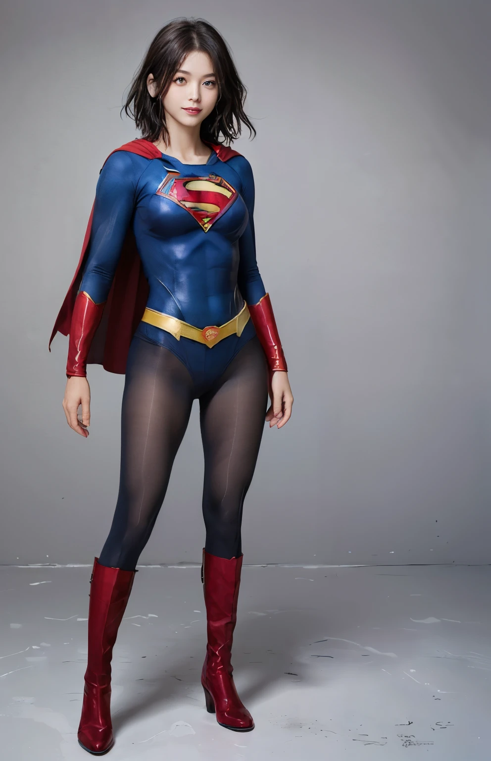 No background、(((Beautiful legs in black tights.)))、(((Legally express the beauty of your smile)))、((((Make the most of your original images)))、(((Body-hugging Supergirl costume)))、(((Supergirl Costume)))、(((Beautiful boyish short hair)))、(((She is winking cutely.)))、(((Please wear black tights....、Wear red boots)))、((Best image quality、8k))、((highest quality、8k、masterpiece:1.3))、(((Preserve background )))、Sharp focus:1.2、Beautiful woman with perfect figure:1.4、Slim Abs:1.2、Wet body:1.5、Highly detailed face and skin texture、8k