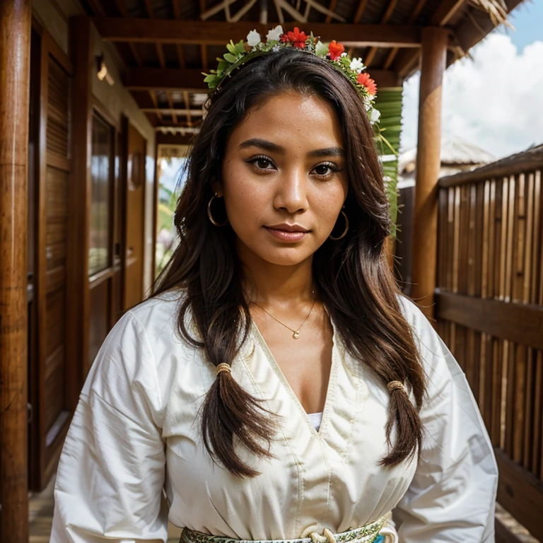 Beautiful woman, 33 years, 🇲🇭 Marshall islands, polynesian ethnicity, dressed in traditional clothing
