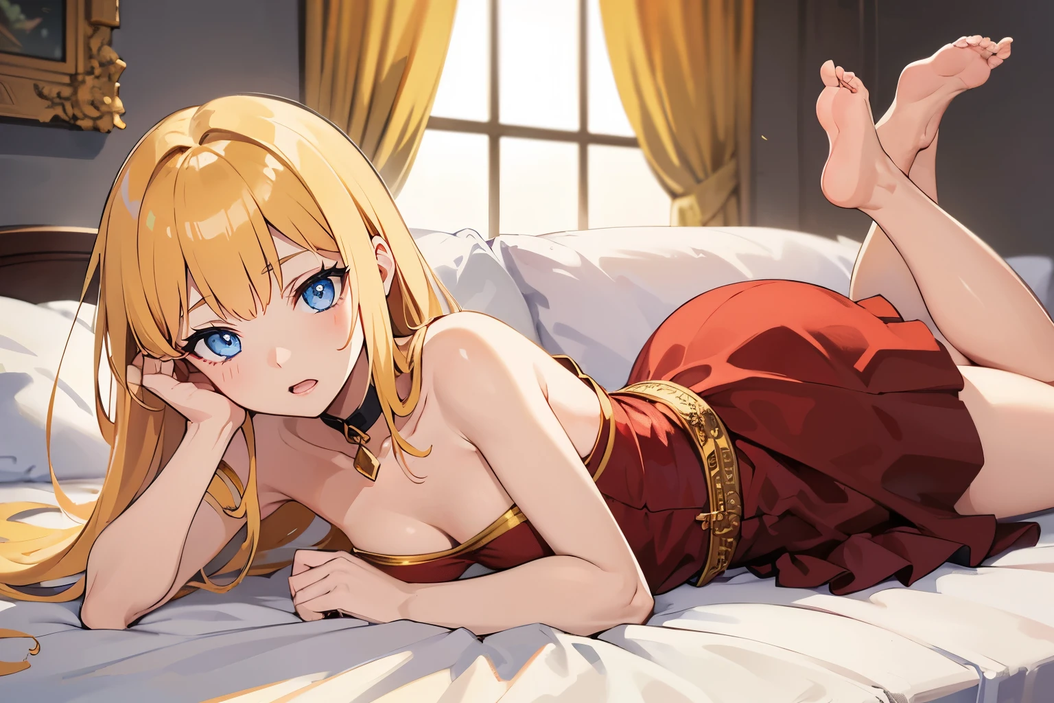 Safe for work, masterpiece, best quality, solo, 1 girl, facing forward, looking at camera, (young female body:1.4), ( medium small breasts), golden yellow hair, extra long hair, blunt bangs, crystal blue eyes, very detailed eyes, luxourius bedrrom background, on bed, arched back, strapless dress, long red gown, long red dress, aehego, Lying on stomach, collar, elbows on bed, leaning forward, spreading legs