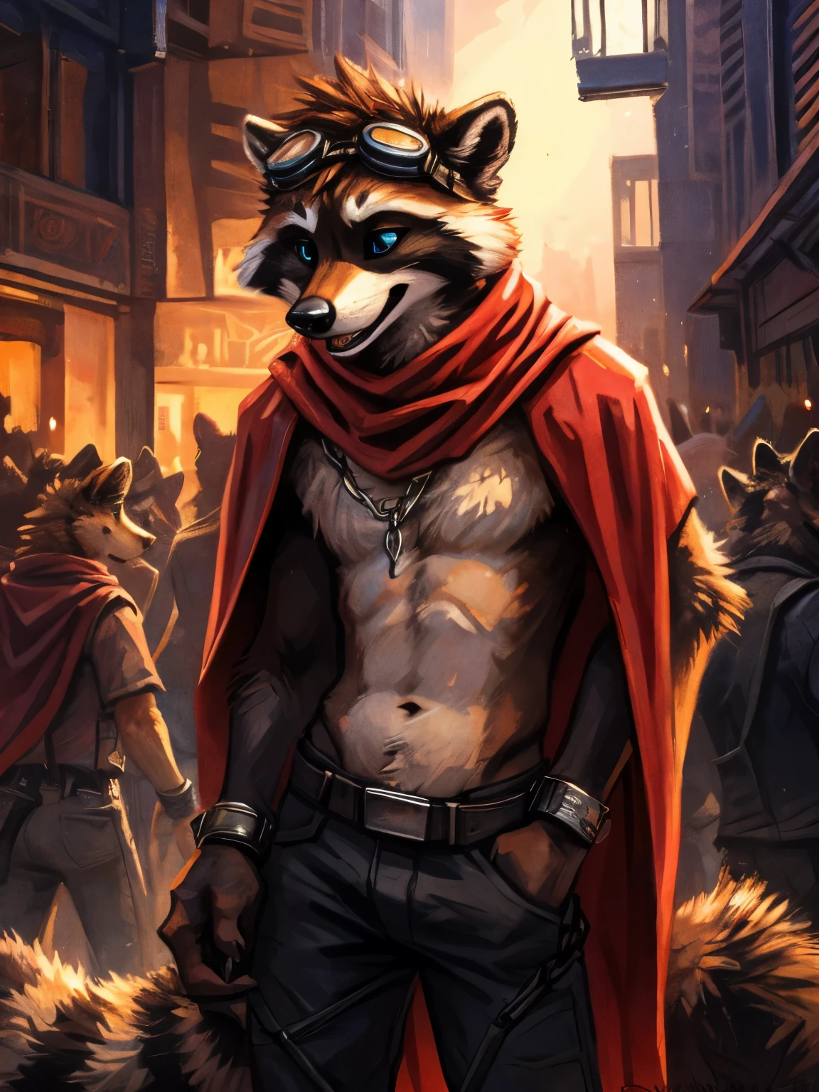 Furry, furry, teenccoon, spiked brown hair only on head, red scarf, blue eyes, goggles, chain harness, black pants, red cape, masterpiece, detail body, detailed eyes, fur all over body, detailed face, detailed eyes, detailed hands, Skinny, claws, high resolution, metal cuffs on wrists, metal cuffs on ankles, no shirt, no underwear, crowded nightclub, sneering, talking, arms folded, art by kenket