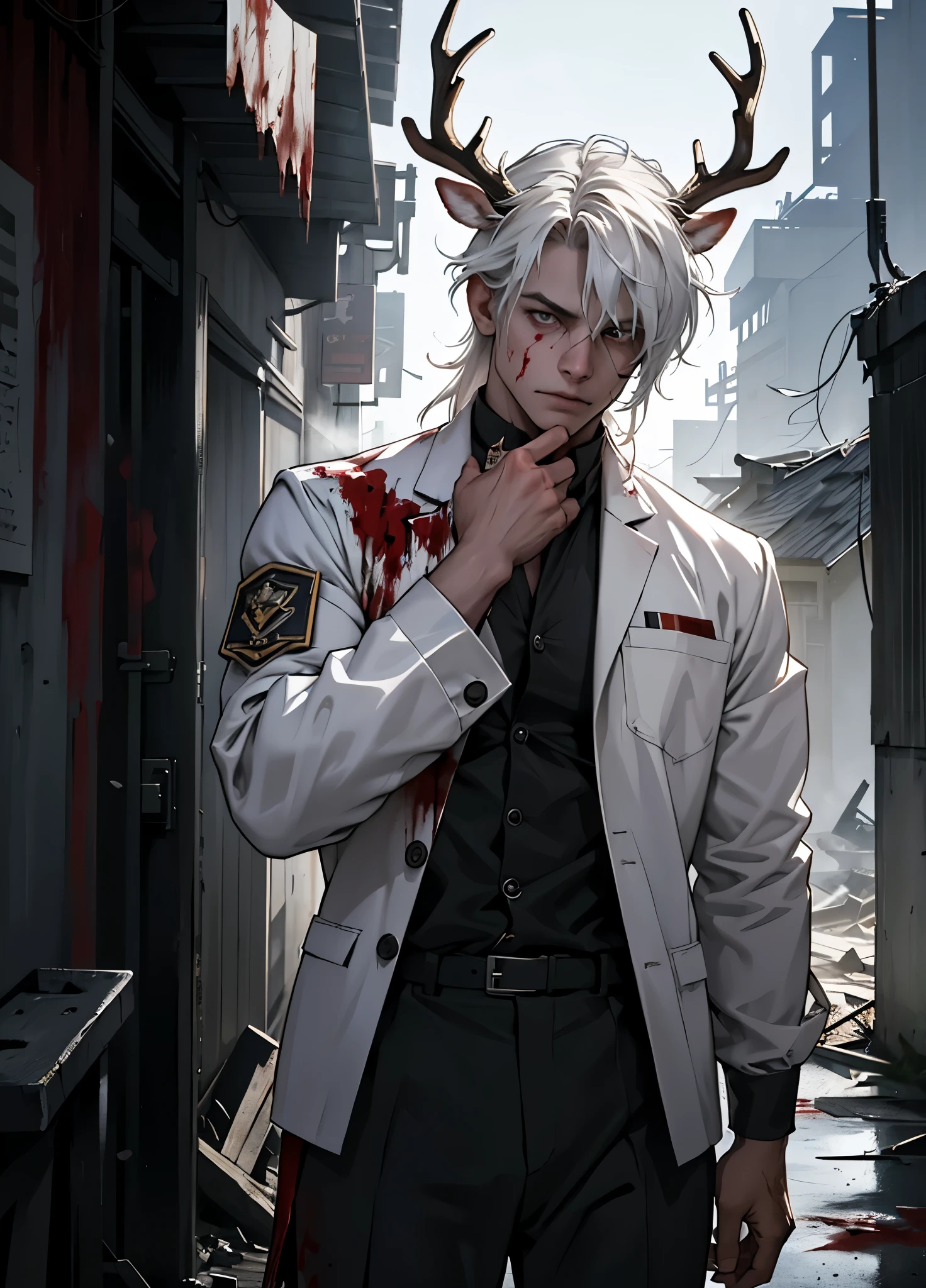 There is a man have deer horns wearing a doctor uniform, at battle field, war zone, long white hair, Tron uniform, black pants, blood stained, muscular, veins, Sexybody, muscular, anthropomorphic, extra detailed body, detailed body, Best quality, masterpiece, ultra high res,detailed background,realistic, real shadow and light,depth of field, (looking at viewer), (sneaking pose), war zone, battlefield, smoke and Haze, pained, destroyed building, injured, doctor uniform, destroyed house, ?????????????, white eyes, tearing.