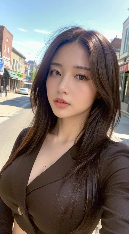 ((Better Quality, 8k, masterpiece :1.3)), Sharp focus :1.2, Beautiful woman with perfect figure :1.4, Thin abdominal muscles :1.2, ((Dark brown hair, Big breasted :1.2)), (Long white button-up shirt :1.1), Streetscape:1.2, Highly detailed texture of face and skin, Fine grain, double eyelid, naked;