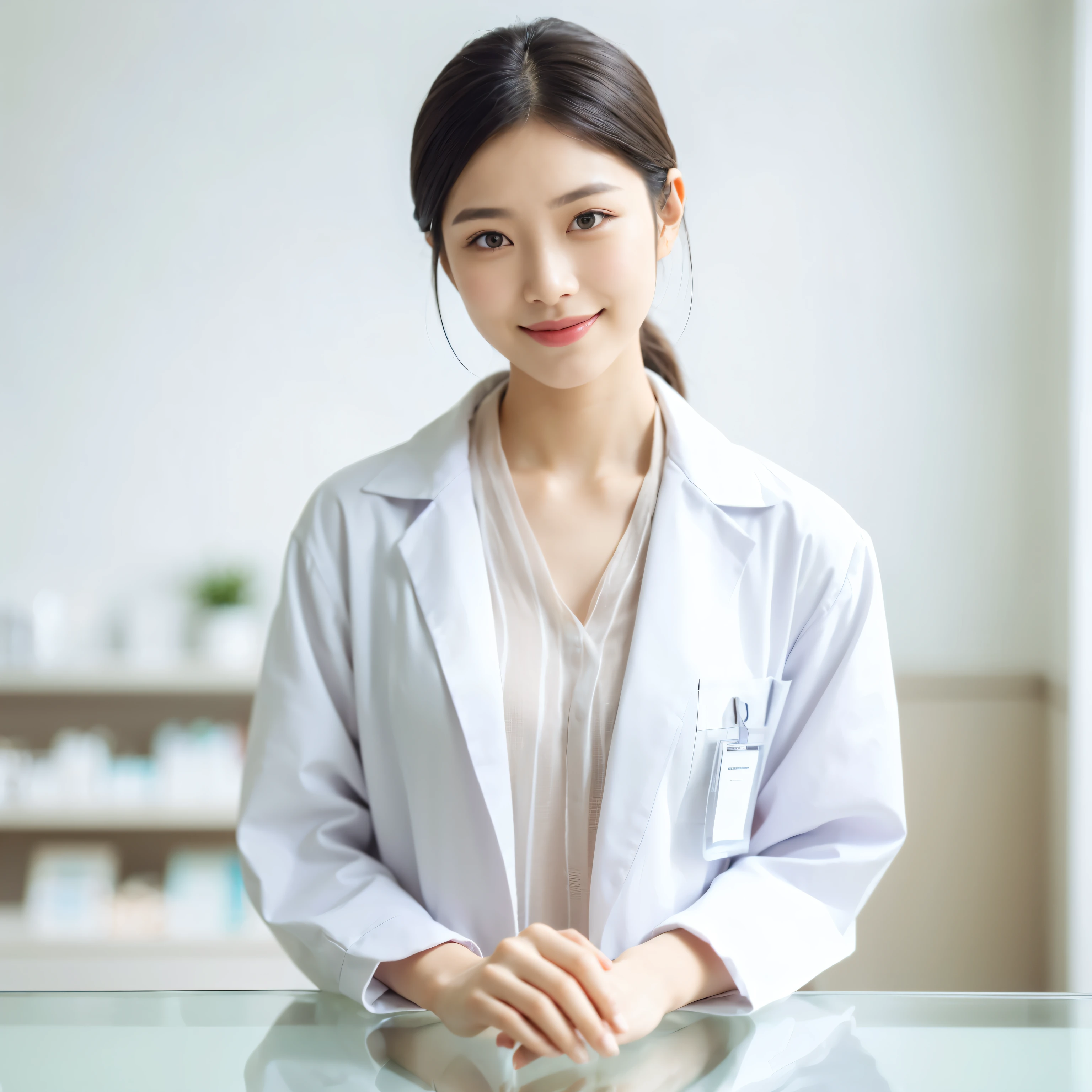 A beautiful Asian female pharmacist in her 20s stands behind a glass counter table. She wears a pastel colored shirt under a white coat. Her hair is tied back, she has light makeup on, and no unnecessary accessories. Request a front view of her upper body facing the camera as she slightly smiles and politely nods towards a customer. The scene has a plain white wall background and is illuminated by bright indoor lighting.