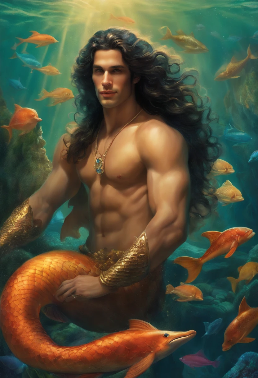 a male merman smiling, ((male merman)) full body naked, with various positions, ((various positions)), ((sexy male torso and big, perfect mermaid tail, wonderful and colorful)), ((Painting of a Merman with long, black, curly hair)), ((wide chest)), ((A coral reef at the bottom, fish and dolphins)) ((merman male)), God of the Ocean, God of the Sea, God of Sea, God of the Ocean, Lúthien, art of the god, God of Greek mythology, God of the Moon, God of love and peace, (( ((Beautiful, hot, sensual, seductive God)), A stunning portrait portrait of a god , ((warm and vivid colors)), ((vibrant colors)), Frank Kelly Freas, styled by Karol Bak, ((beautiful face)), Extremely Detailed, 32k, Ultra definition best quality, vibrant and vibrant colors, sensual, enchanted, Perfect face in high definition, ((beautiful merman, sensual merman, handsome merman